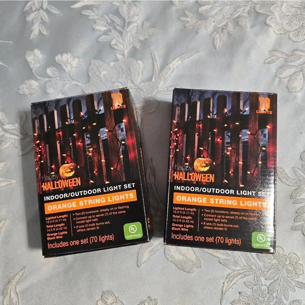 Bundle of 2 Halloween Orange String Lights 140 Lights Total Indoor/Outdoor New